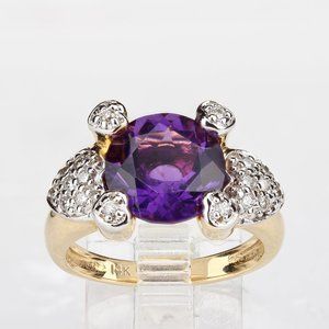 14k Amethyst Ring 10mm Round 3.3ct  Diamonds .18 ctw  Size 6.5 w 7.59 grams.